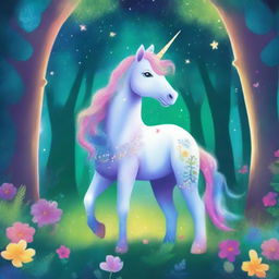 A vibrant and magical book cover for children featuring a unicorn with a galaxy-themed mane standing in an enchanted forest