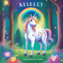 A vibrant and magical book cover for children featuring a unicorn with a galaxy-themed mane and a rainbow-colored horn standing in an enchanted forest