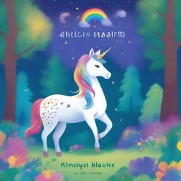 A vibrant and magical book cover for children featuring a unicorn with a galaxy-themed mane and a rainbow-colored horn standing in an enchanted forest