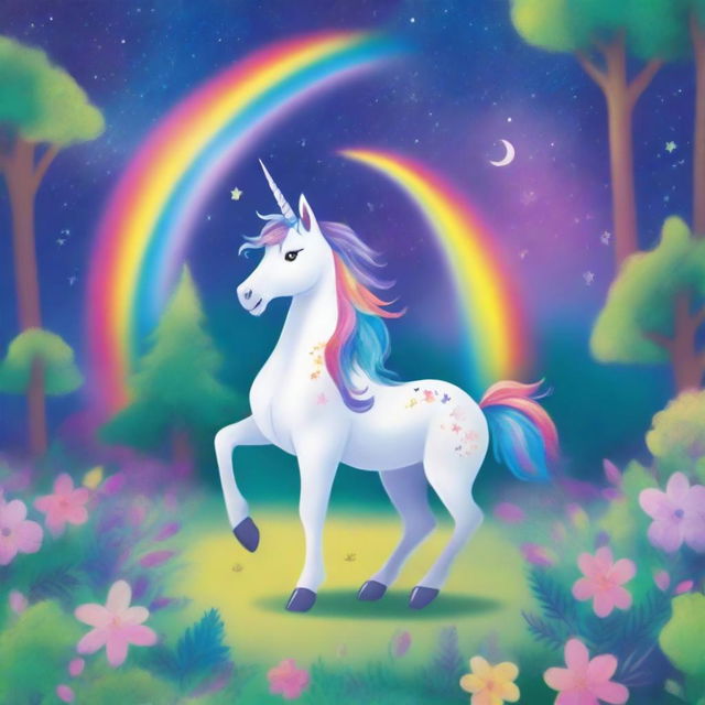 A vibrant and magical book cover for children featuring a unicorn with a galaxy-themed mane and a rainbow-colored horn standing in an enchanted forest