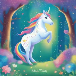 A vibrant and magical book cover for children featuring a unicorn with a galaxy-themed mane and a rainbow-colored horn standing in an enchanted forest