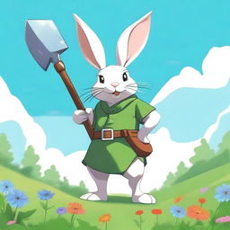 A harengon, a humanoid rabbit, is standing with a double-sided axe on his back during a bright summer day