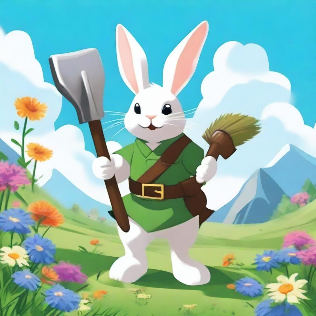 A harengon, a humanoid rabbit, is standing with a double-sided axe on his back during a bright summer day