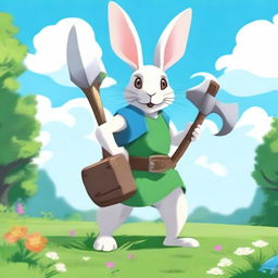 A harengon, a humanoid rabbit, is standing with a double-sided axe on his back during a bright summer day