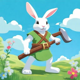 A harengon, a humanoid rabbit, is standing with a double-sided axe on his back during a bright summer day