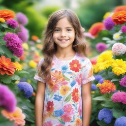 A young girl standing in a beautiful garden, surrounded by colorful flowers and lush greenery, with a bright and cheerful expression on her face