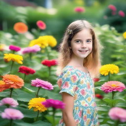 A young girl standing in a beautiful garden, surrounded by colorful flowers and lush greenery, with a bright and cheerful expression on her face