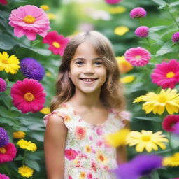 A young girl standing in a beautiful garden, surrounded by colorful flowers and lush greenery, with a bright and cheerful expression on her face