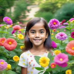 A young girl standing in a beautiful garden, surrounded by colorful flowers and lush greenery, with a bright and cheerful expression on her face