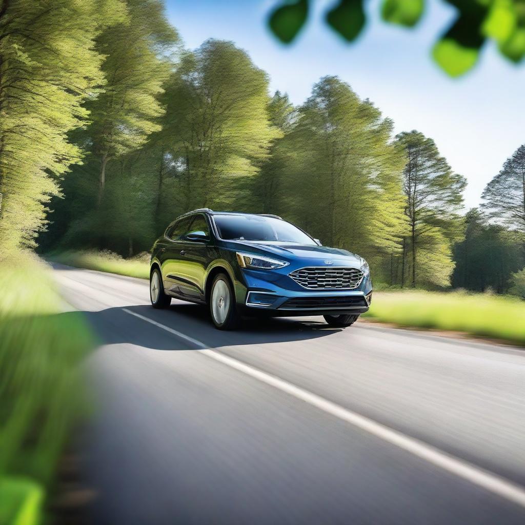 A detailed image of an SUV driving on a scenic country road