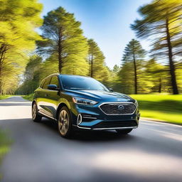 A detailed image of an SUV driving on a scenic country road