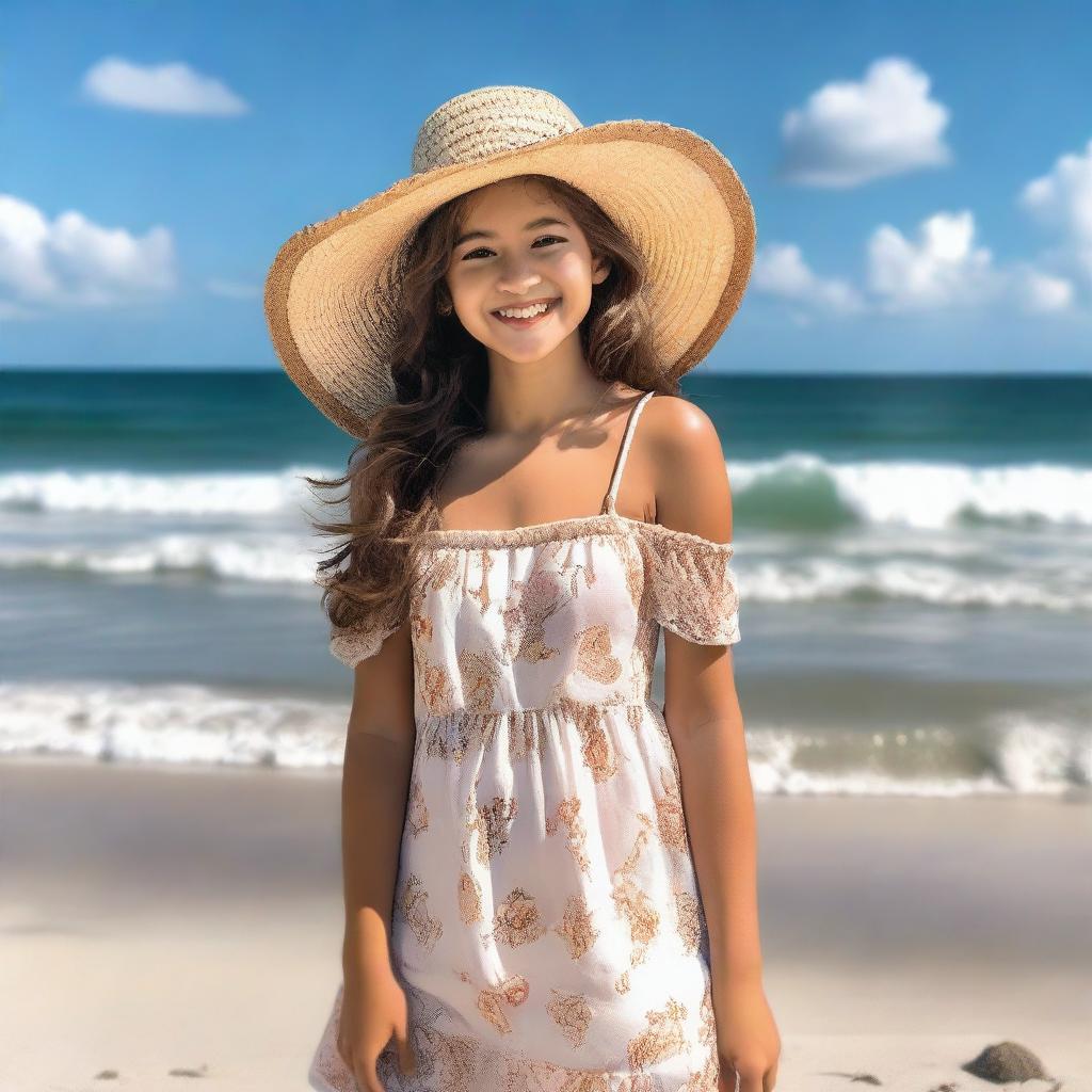 A girl enjoying a sunny day at the beach, wearing a summer dress and a wide-brimmed hat