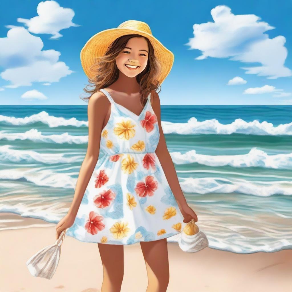 A girl enjoying a sunny day at the beach, wearing a summer dress and a wide-brimmed hat