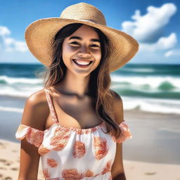 A girl enjoying a sunny day at the beach, wearing a summer dress and a wide-brimmed hat