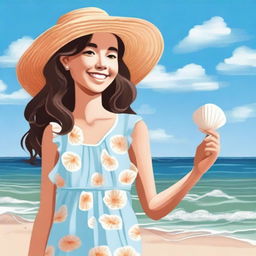 A girl enjoying a sunny day at the beach, wearing a summer dress and a wide-brimmed hat