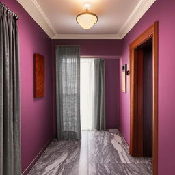 A hallway featuring grey marble tiles, walls painted in fuscous grey, a TV unit with a wooden door on the same wall, elegant curtains adorning a wooden window, two ceiling fans with lights, a solitary wall frame and clock, and a corner lamp.