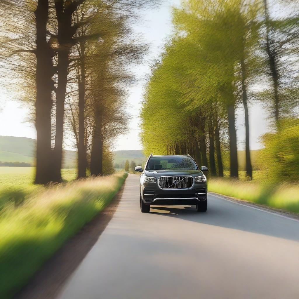 A detailed shot of an SUV driving on a picturesque country road