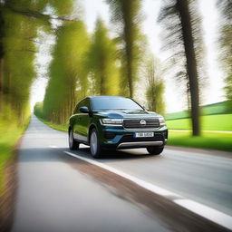 A detailed shot of an SUV driving on a picturesque country road