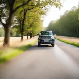 A detailed shot of an SUV driving on a picturesque country road