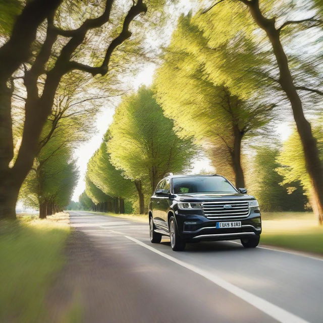 A detailed shot of an SUV driving on a picturesque country road