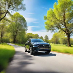 A very handsome looking SUV driving down a picturesque country road