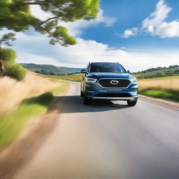 A very handsome looking SUV driving down a picturesque country road