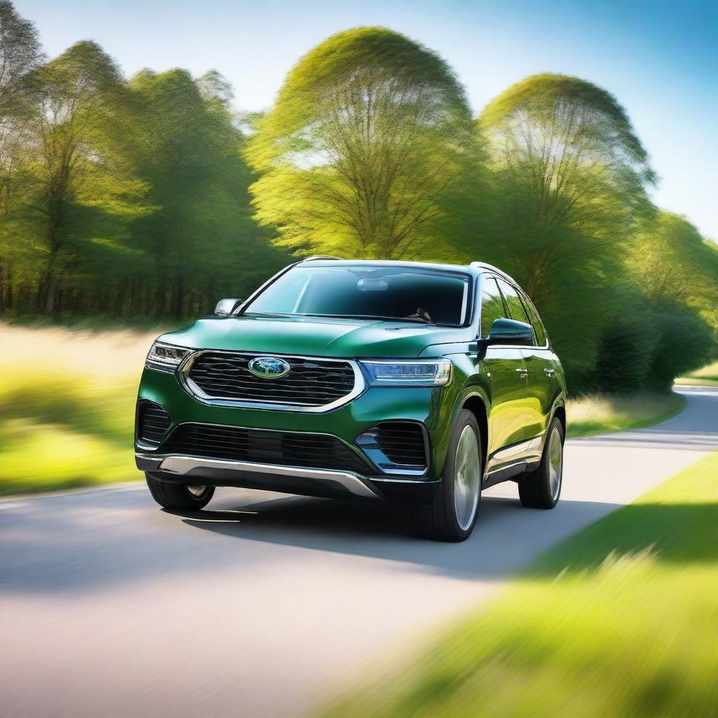 A very handsome looking SUV driving down a picturesque country road