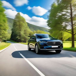 A very handsome looking SUV driving down a picturesque country road