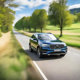 A very handsome looking SUV driving down a scenic country road, focusing on the camera