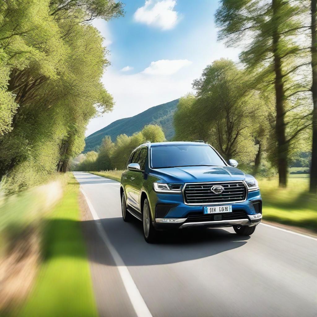 A very handsome looking SUV driving down a scenic country road, focusing on the camera