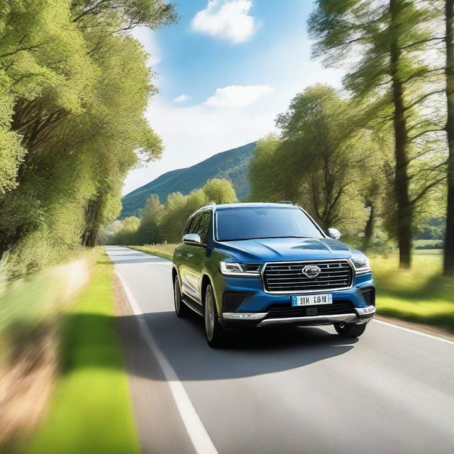 A very handsome looking SUV driving down a scenic country road, focusing on the camera