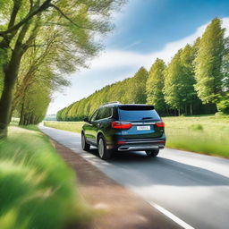 A very handsome looking SUV driving down a scenic country road, focusing on the camera