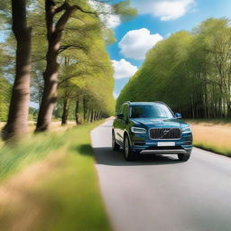 A very handsome looking SUV driving down a scenic country road, focusing on the camera