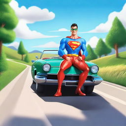 A very handsome superhero driving down a scenic country road, focusing on the camera with a charming smile