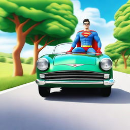 A very handsome superhero driving down a scenic country road, focusing on the camera with a charming smile