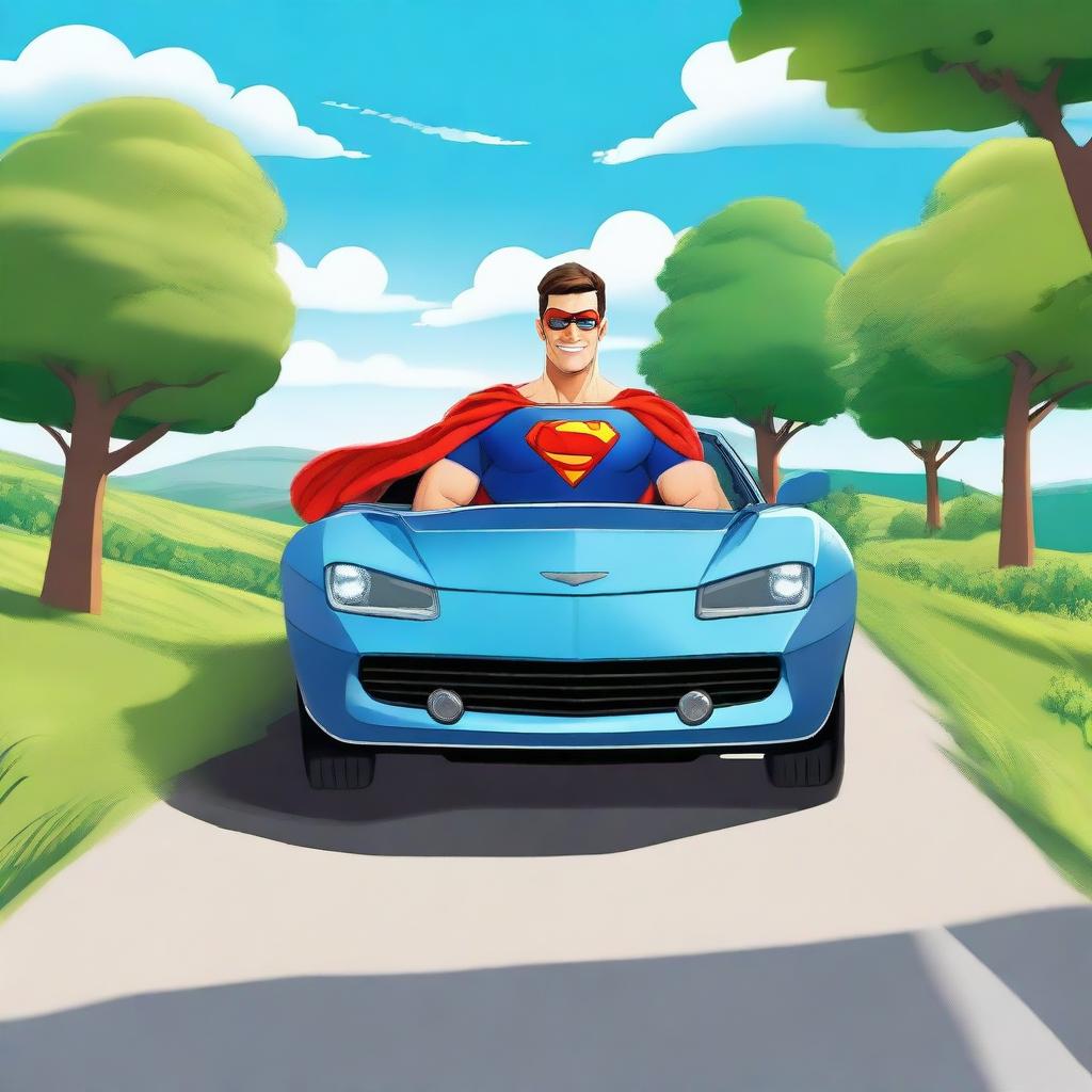 A very handsome superhero driving down a scenic country road, focusing on the camera with a charming smile