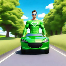 A very handsome superhero driving down a scenic country road, focusing on the camera with a charming smile