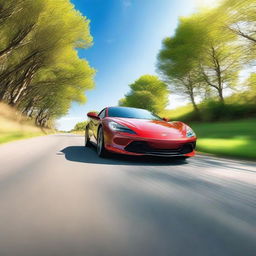 A very handsome looking sports car driving down a scenic country road, with the car in focus and the camera capturing its sleek design and motion