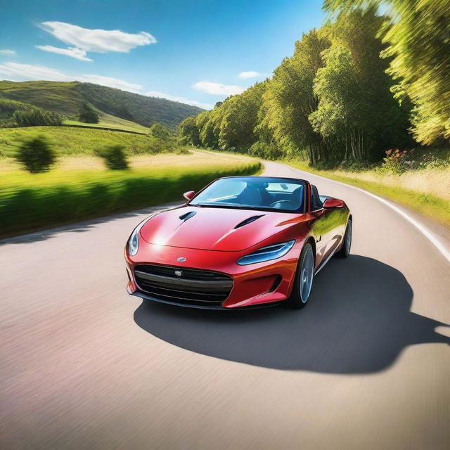 A very handsome looking sports car driving down a scenic country road, with the car in focus and the camera capturing its sleek design and motion