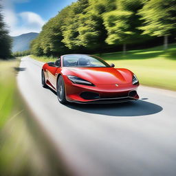 A very handsome looking sports car driving down a scenic country road, with the car in focus and the camera capturing its sleek design and motion