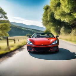 A very handsome looking sports car driving down a scenic country road, with the car in focus and the camera capturing its sleek design and motion