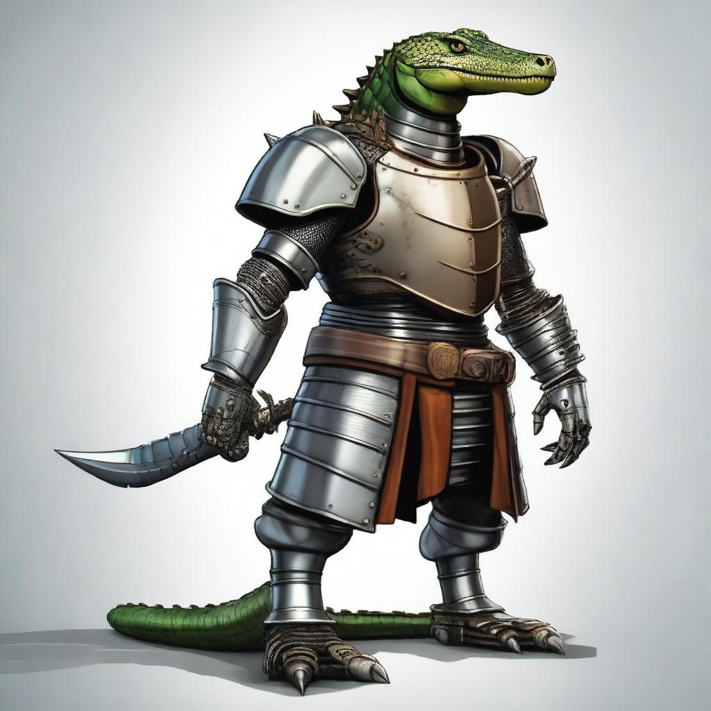 Create an image of a character that is half medieval robot and half alligator