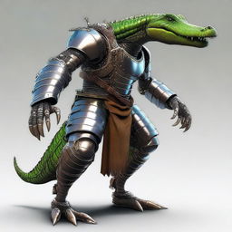 Create an image of a character that is half medieval robot and half alligator