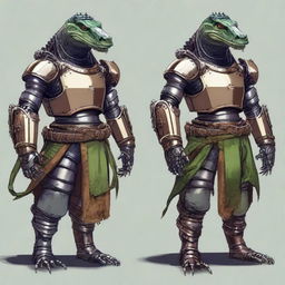 Create an image of a character that is half medieval robot and half alligator