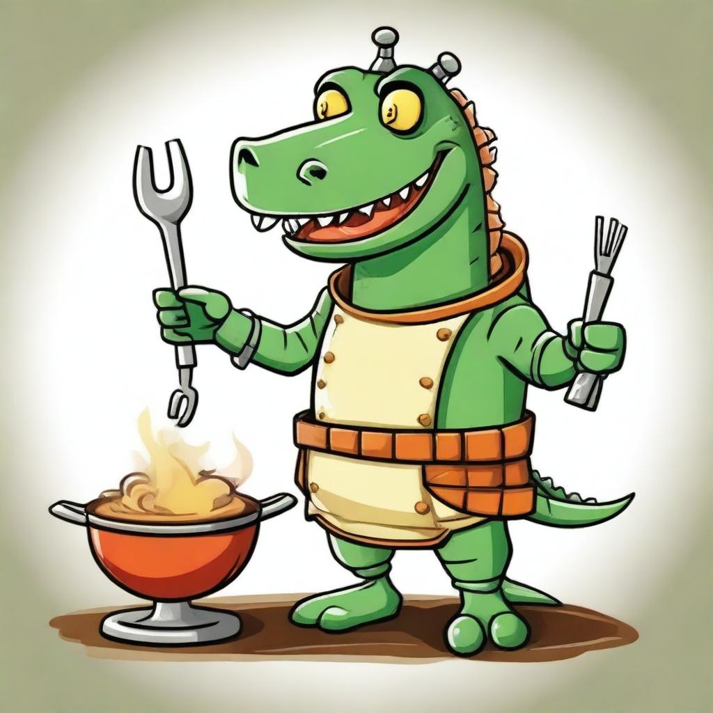 Create an image of a character that is half medieval robot and half alligator, who is a happy cook