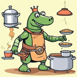 Create an image of a character that is half medieval robot and half alligator, who is a happy cook