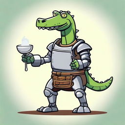 Create an image of a character that is half medieval robot and half alligator, who is a happy cook