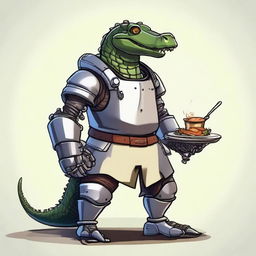 Create an image of a character that is half medieval robot and half alligator, who is a cook