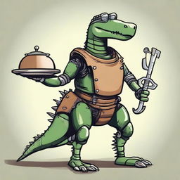 Create an image of a character that is half medieval robot and half alligator, who is a cook