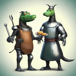 Create an image of a character that is half medieval robot and half alligator, who is a cook